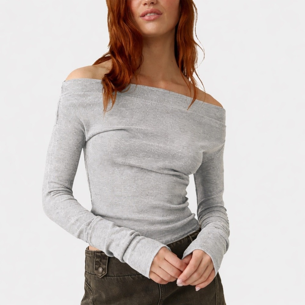 We The Free Free People Gray Waffle Knit Off Shoulder Minimalist Boho Gigi Top S